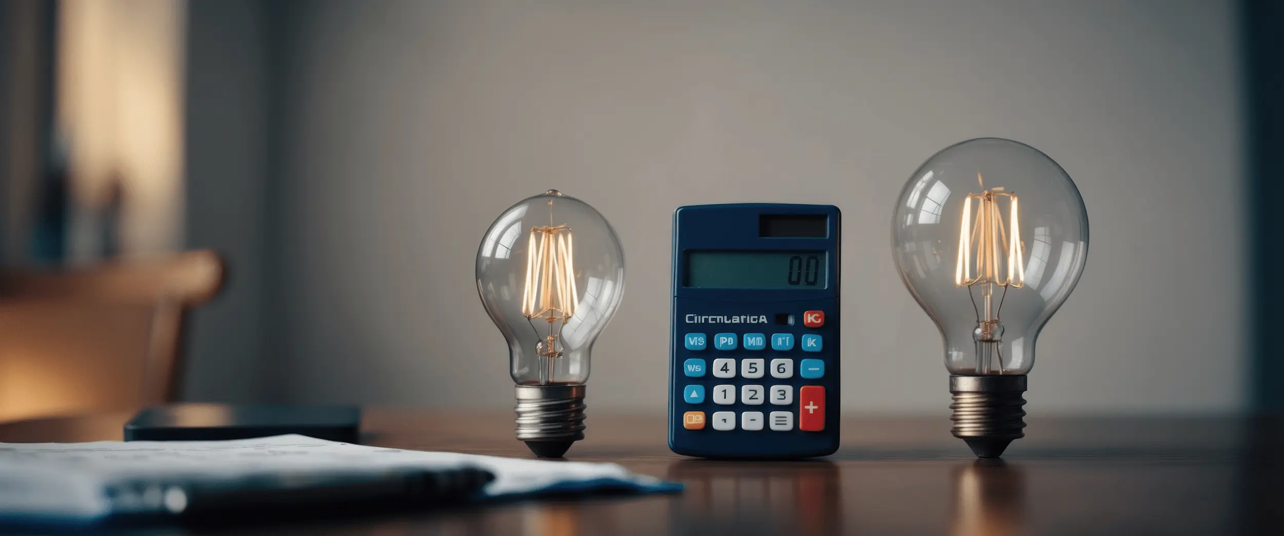 Bombillas y calculadora sobre una mesa representando el cálculo del consumo eléctrico y el ahorro en la factura de la luz